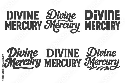 Diverse Lettering Styles. Divine Mercury. Set lettering. harmonious lettering variations of the same emblematic concept (Stencil-inspired urban lettering,