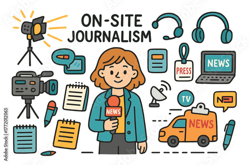 Journalism Essentials Doodle. on-site journalism. Colorful Hand-drawn doodle Children illustration on-site journalism reporter, camera, microphone, tripod,