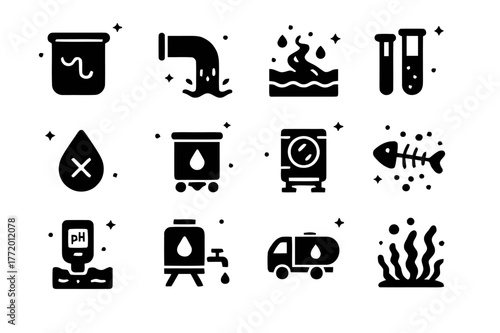 Water Pollution Icons. Water pollution from dyeing. Solid icons set of water pollution from dyeing: dye vat, wastewater pipe, polluted river, test tube sample,