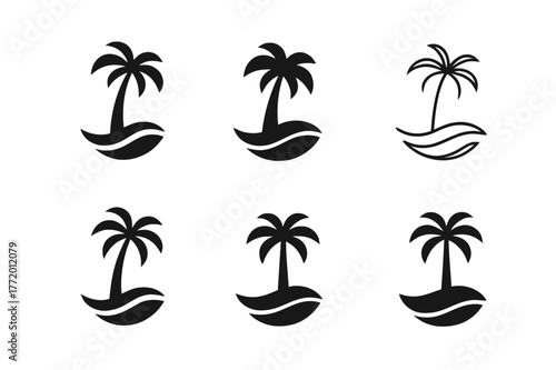 Palm Beach Logo Variations. Palm beach. Set Logo of Palm beach: shoreline wave beneath palm. harmonious logo variations of the same emblematic concept, each