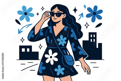 Boho-Chic Urban Vibes. A young woman wearing a boho-chic dress and oversized sunglasses. Woman posing with crossbody bag and sunglasses in urban setting;