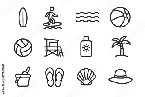 Water Sports Icons. Water sports. Line icon set of water sports: surfboard, surfer, waves, beach ball, volleyball, lifeguard tower, sunscreen bottle, palm