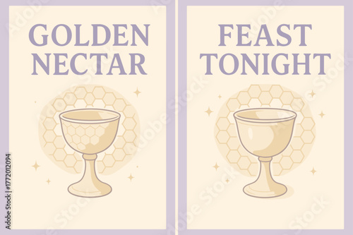 Golden Nectar Banners. Golden Nectar. Two vertical A6 banners with safe margins, centered composition, no elements touching edges, pastel, lavender and cream,