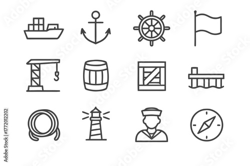 Merchant Ship Icons. Merchant ships and ports. Line icon set of merchant ships: cargo ship, anchor, helm, flag, crane, barrel, crate, dock, rope, lighthouse,