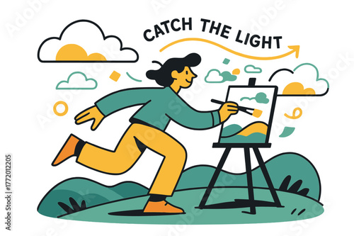 Hilltop Painting Scene. Painting en plein air. A figure anchors an easel on a breezy hill; clouds drift into paint dabs that match the view. ?Catch the light?