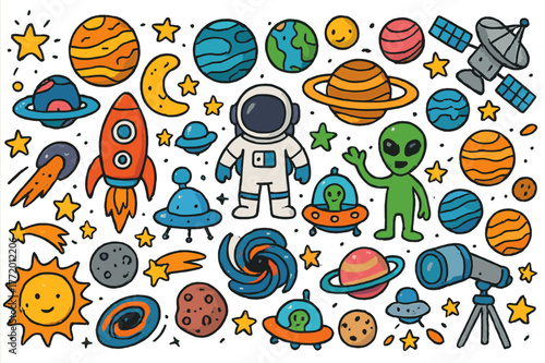 Colorful Space Doodles. Space, Colorful Hand-drawn doodle Children illustration Layered fashion planets, stars, moons, rockets, astronauts, aliens, spaceships,
