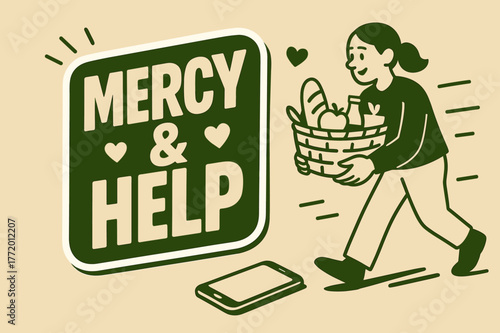 Mercy and Help Banner. Mercy and Help banner, flat vector illustration, bold oversized text inside sticker outline banner, cartoon characters walking and