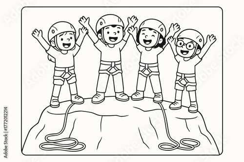 Climbers Cheering Coloring Page. Climbing celebration children?s coloring book illustration, outlined drawing, group of climbers at the top of a rock cheering