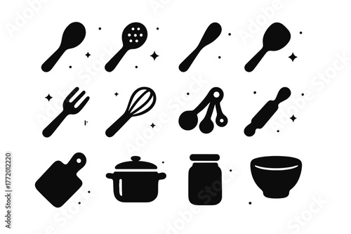 Wooden Spoon Icons. Wooden Spoon. Solid icons set of Wooden Spoon: cooking spoon, slotted spoon, ladle, spatula, fork, whisk, measuring spoon, rolling pin,