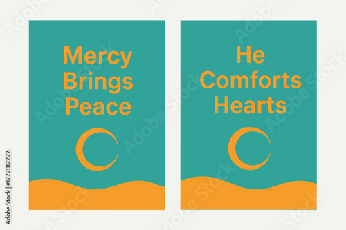 Peaceful Banner Design. Mercy & Calm. Two vertical A6 banners with safe margins, centered composition, no elements touching edges, minimal, turquoise and