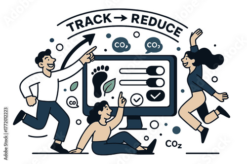 Carbon Reduction Dashboard. Carbon footprint tracking. A dashboard lights up with CO? bubbles shrinking as actions toggle on; ?Track > Reduce? arcs above. A