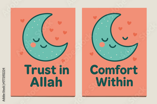 Kawaii Moon Banners. Tawakkul Peace. Two vertical A6 banners with safe margins, centered composition, no elements touching edges, kawaii, coral and teal,