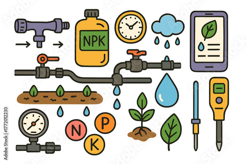 Smart Irrigation Doodles. Smart irrigation and fertigation. Colorful Hand-drawn doodle Children illustration Smart irrigation and fertigation drip line,