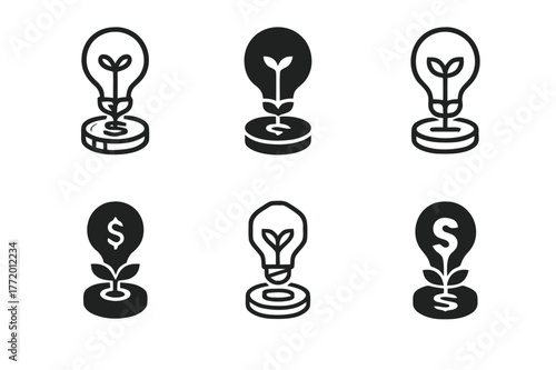 Entrepreneurial Logo Variations. Entrepreneurship. Set Logo of Entrepreneurship: lightbulb sprouting from coin. harmonious logo variations of the
