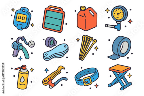 Race Day Icons. Race day essentials. Colorful isometric vector icons set of Race day essentials: timing transponder, pit board, fuel jug, tire pressure gauge,