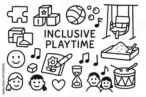 Inclusive Play Symbols. Inclusive playtime. Hand-drawn doodle illustration Inclusive playtime puzzle piece, building blocks, ball, picture cards, swing with