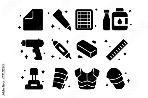 EVA Foam Armor Tools. EVA foam armor building. Solid icons set of EVA foam armor building: EVA foam sheet, craft knife, cutting mat, contact cement, heat gun,