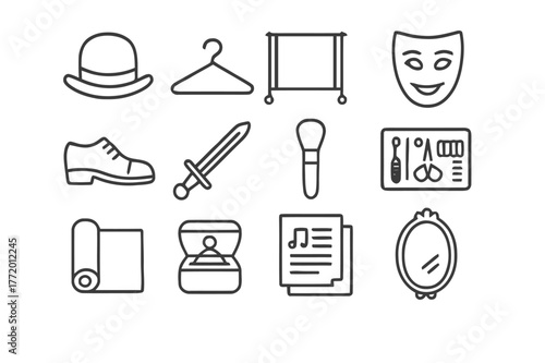 Costume Prop Essentials. Costume and Props. Line icon set of Costume and Props: hat, hanger, wardrobe rack, mask, stage shoes, prop sword, makeup brush, sewing