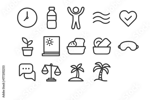 Burnout Prevention Icons. Burnout prevention. Line icon set of burnout prevention: break timer, water bottle, stretch figure, breathing waves, desk plant,