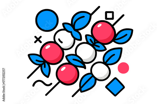 Colorful Caprese Skewers. Caprese Skewers. Overhead view of caprese skewers with cherry tomatoes, mozzarella, basil, and floating abstract geometric shapes,