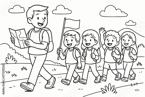 Children's Community Procession. Community procession children?s coloring book illustration, outlined drawing, a group of smiling travelers walking together