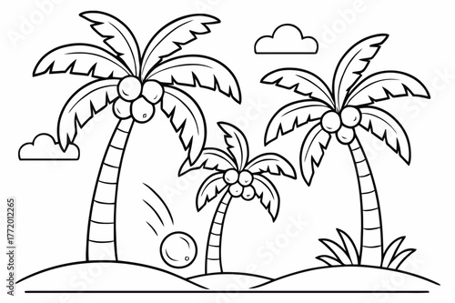 Coconut Palm Coloring Page. Coconut palms children?s coloring book illustration, outlined drawing, tall palm trees with coconuts hanging and one falling gently