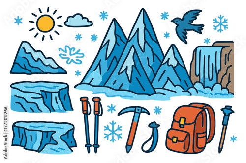 Colorful Frozen Peaks. Frozen peaks. Colorful Hand-drawn doodle Children illustration Frozen peaks sharp mountains, ice layers, glacier crevasse, frosty rocks,