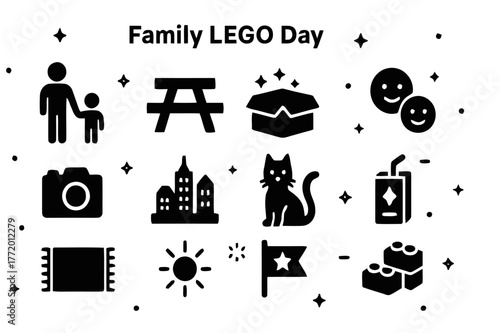 Family LEGO Fun. Family LEGO Day. Solid icons set of Family LEGO Day: parent and child, picnic table, open box, smiling faces, camera, completed city, cat pet,