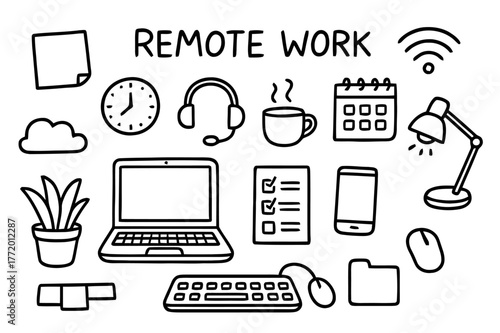Remote Work Doodles. Remote work. Hand-drawn doodle illustration remote work laptop, headset, coffee mug, Wi-Fi symbol, calendar, task list, smartphone,
