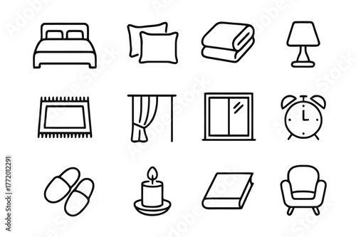 Bedroom Comfort Icons. Bedroom Comfort. Line icon set of Bedroom Comfort: bed, pillows, blanket, bedside lamp, rug, curtain, window, alarm clock, slippers,