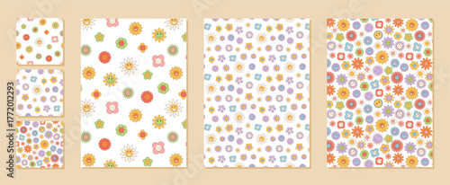 Groovy retro floral pattern set with colorful seamless background. Funky happy daisy and flower elements appear as a vibrant seamless pattern. Ideal for y2k style projects and creative printing.