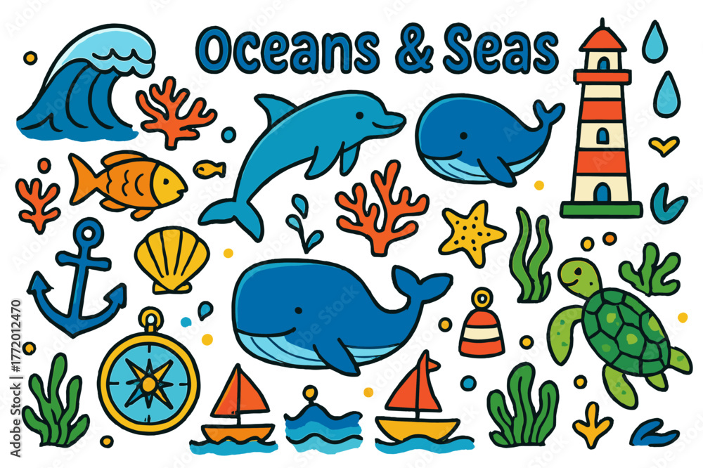 Naklejka premium Oceanic Doodle Adventure. Oceans & Seas. Colorful Hand-drawn doodle Children illustration Oceans & Seas wave, coral, fish, dolphin, whale,