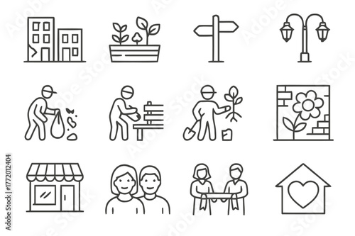 Neighborhood Transformation Icons. Neighborhood Revitalization. Line icon set of Neighborhood Revitalization: before after buildings, community garden,
