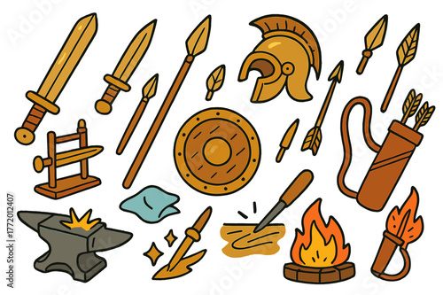 Ancient Weapons Doodles. Bronze weapons. Colorful Hand-drawn doodle Children illustration Bronze weapons sword, dagger, spear, arrowhead, shield, helmet,