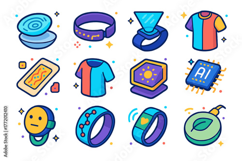 Future Wearable Concepts. Future wearable concepts. Colorful isometric vector icons set of Future wearable concepts: smart contact lens, neural interface