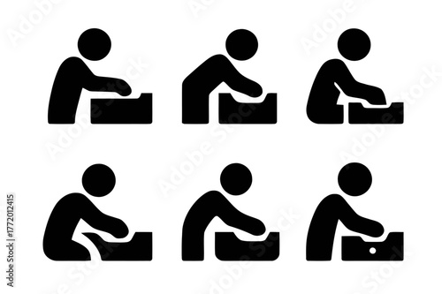 Drawer Organization Icons. Cleaning Out a Drawer. Set Logo of Person Organizing: Filled silhouette, Abstract geometric, Negative space, Flat solid, Stylized