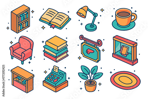 Boutique Bookshop Icons. Boutique bookshop. Colorful isometric vector icons set of boutique bookshop: bookshelf, open book, reading lamp, coffee cup, armchair,