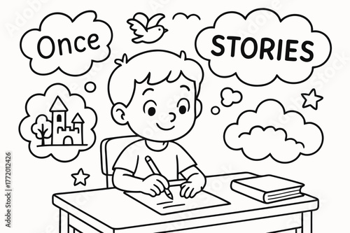 Young Writer's Imagination. Writing and storytelling children?s coloring book illustration, outlined drawing, young writer sitting at a desk creating stories