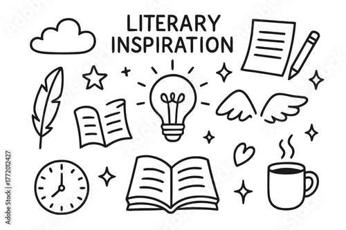 Literary Inspiration Icons. Literary inspiration. Hand-drawn doodle illustration literary inspiration light bulb, open book, feather, cloud, stars, heart,