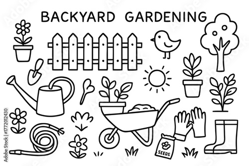 Backyard Gardening Doodles. Backyard gardening. Hand-drawn doodle illustration backyard gardening fence, potted plants, watering can, spade, wheelbarrow,