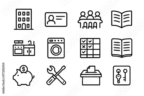 Co-op Housing Icons. Cooperative housing. Line icon set of cooperative housing: co-op building, member card, annual meeting, bylaws book, shared kitchen,