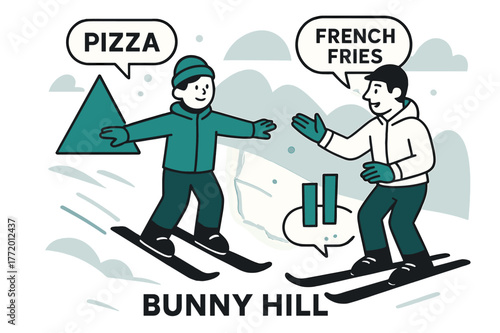 Beginner's Bunny Hill Lesson. First Lesson on the Bunny Hill. A beginner smiles, arms out, instructor guiding with simple cues. Floating signs read ?Pizza? and