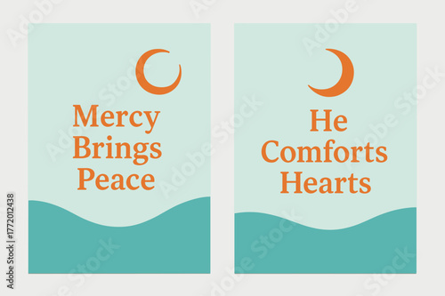 Mercy and Calm Banners. Mercy & Calm. Two vertical A6 banners with safe margins, centered composition, no elements touching edges, minimal, turquoise and