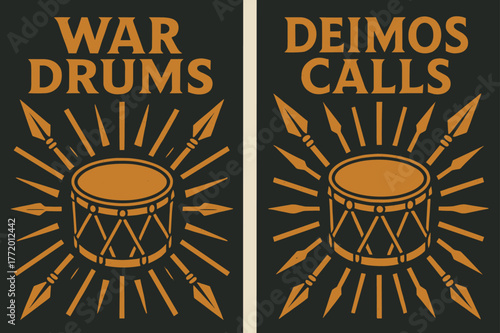 Battle Drum Banners. Battle Drum Echo. Two vertical A6 banners with safe margins, centered composition, no elements touching edges, bold, iron gray and amber,