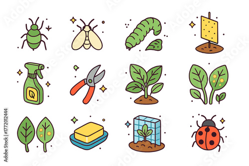 Pest Control Icons. Pest and disease control. Colorful isometric vector icons set of Pest and disease control: aphid insect, whitefly, tomato hornworm, yellow