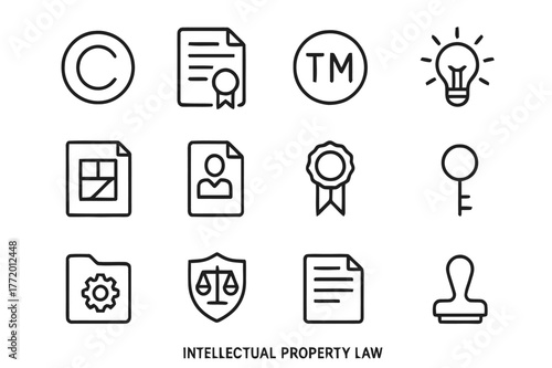 Intellectual Property Icons. Intellectual Property Law. Line icon set of Intellectual Property Law: copyright symbol, patent document, trademark badge, idea