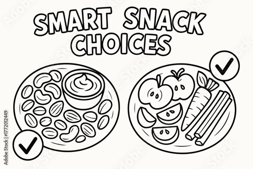 Healthy Snack Choices. Smart snack choices children?s coloring book illustration, outlined drawing, two small plates showing nuts, yogurt, fruit, and veggie