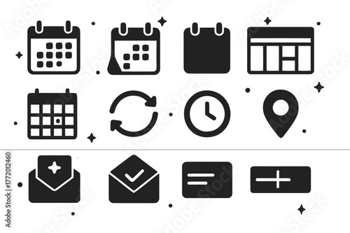 Calendar Icons Set. Calendar and Scheduling. Solid icons set of Calendar and Scheduling: wall calendar, desk calendar, date tile, weekly planner, monthly grid,