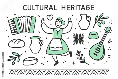 Cultural Heritage Doodles. // Cultural heritage. Hand-drawn doodle illustration Cultural heritage [folk dancer (accented), accordion (accented), traditional