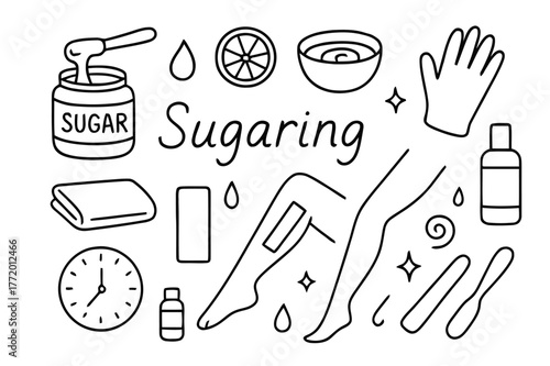 Sugaring Hair Removal Essentials. Sugaring hair removal. Hand-drawn doodle illustration Sugaring hair removal sugar jar, wooden stick, droplet, lemon slice,